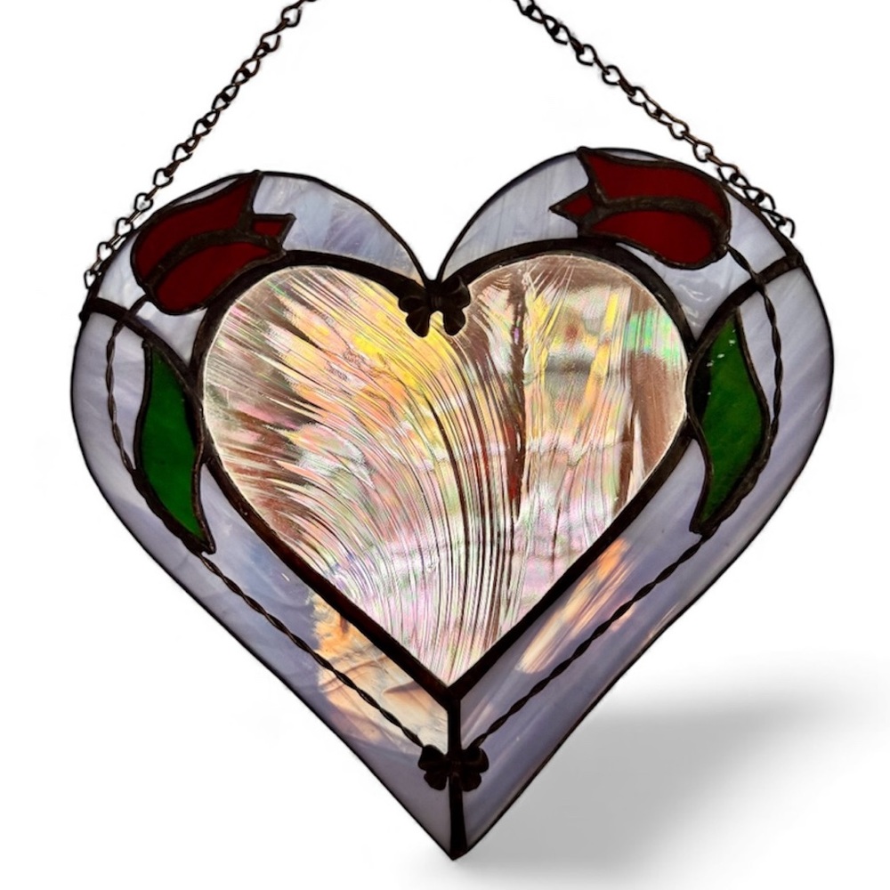 Stained Glass Heart Suncatcher with Tulip Accents